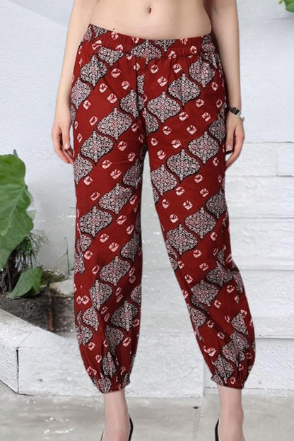POPWINGS Casual Bagru Printed Cotton Joggers for Women - Latest Stylish Western Summer Pants - Pull-On Maroon