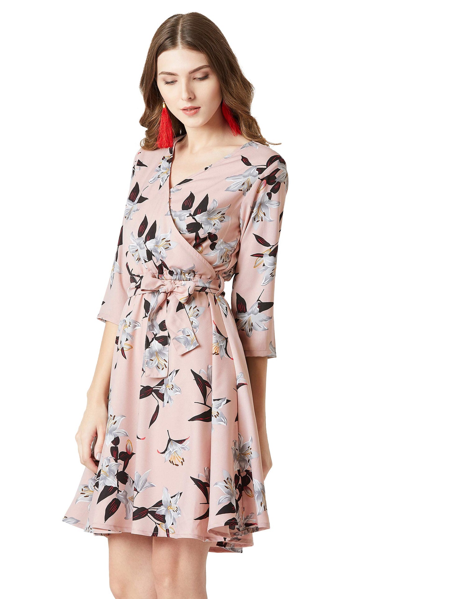 Miss Chase WomenS Pink Belted Floral Wrap Dress(Mcss19D12-85-177-06,Pink,X-Large)