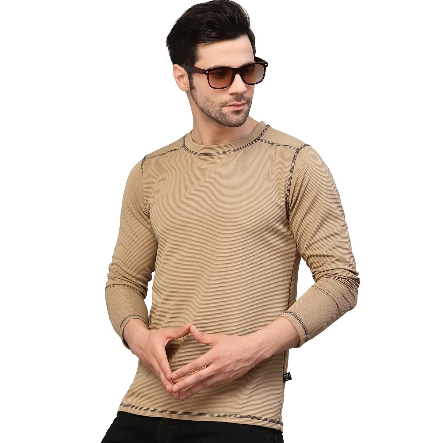 Rigo Men Beige Poly Corduroy T-Shirt