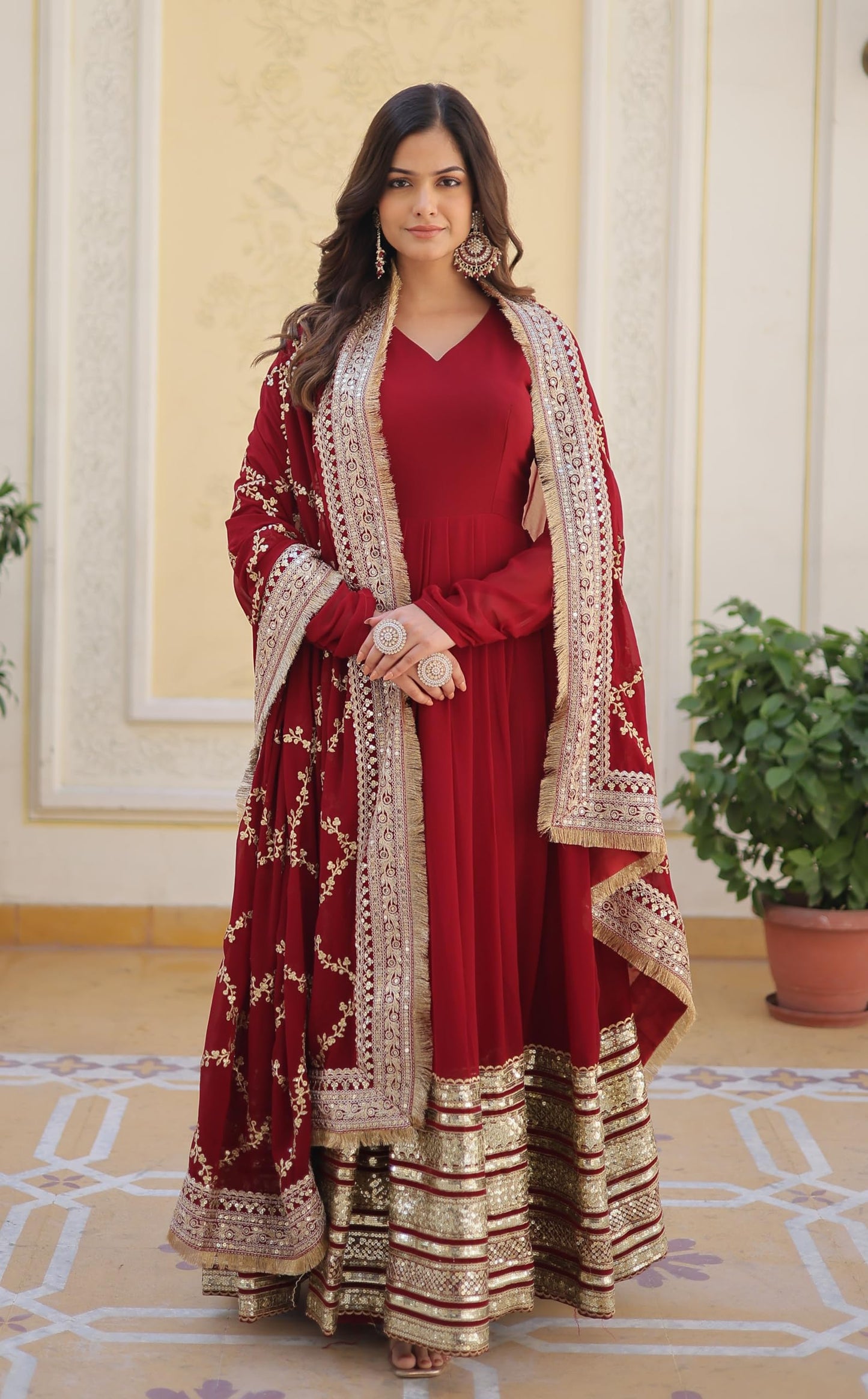 Fashion Basket WomenS Red Georgette Solid Anarkali Dress
