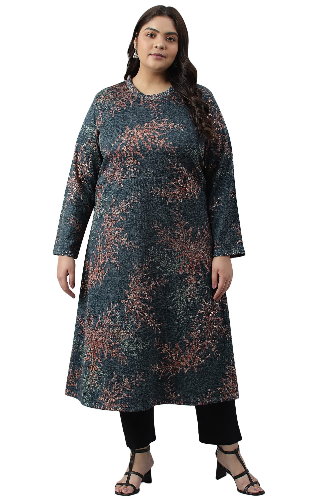 W for Woman Dark Blue Light Festive Jacquard Plus Size Winter Kurta