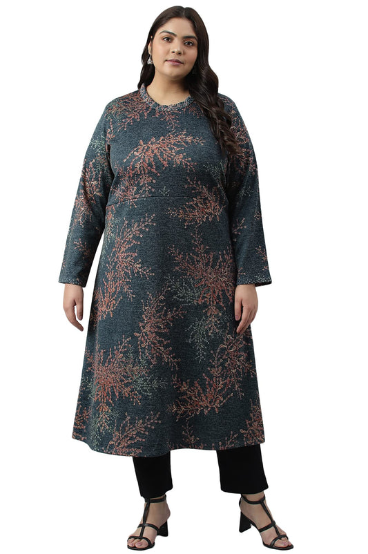 W for Woman Dark Blue Light Festive Jacquard Plus Size Winter Kurta