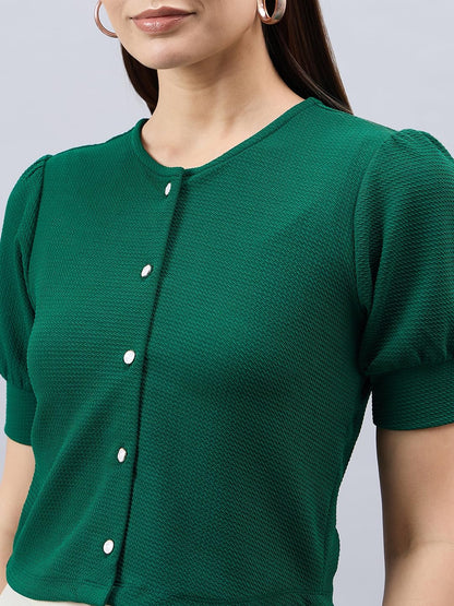 Style Quotient Women Solid Emerald Green Polyknit Casual Open Front Shrug