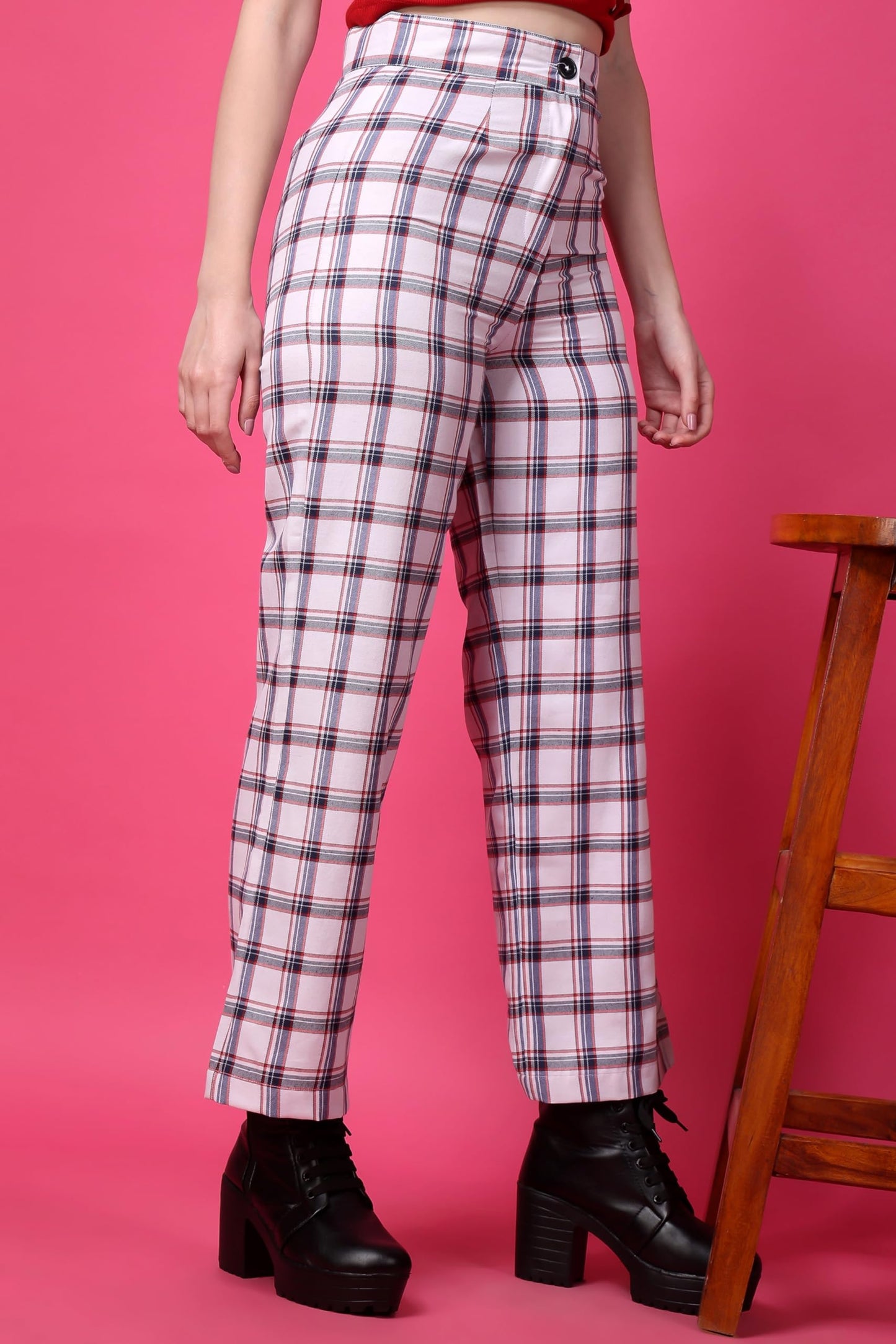 POPWINGS Casual Check Print Button and Zip Closure Trouser for Women | Western Wide-Leg Trouser for Women | Summer Trousers for