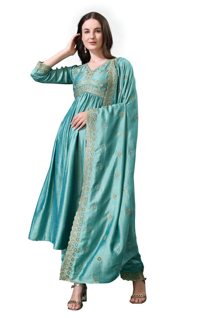 Pratham Blue WomenS Silk Embroidered Anarkali Kurta Palazzos With Dupatta |Kurta Set For Women |Women Kurta |Women Embroidered