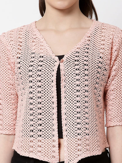Style Quotient Women Self Design Nude Cotton lace Regular Smart Casual Shrug