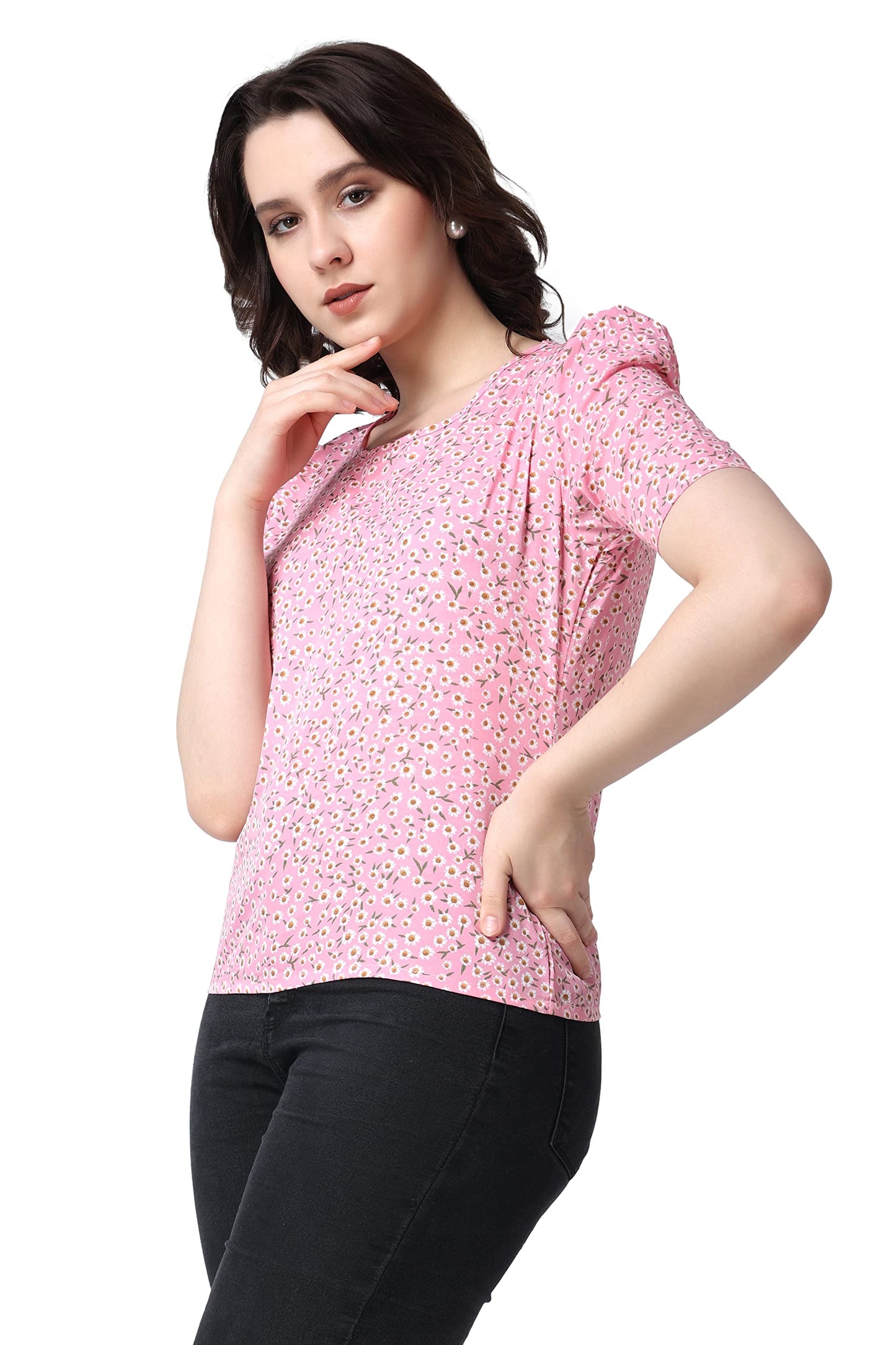 POPWINGS Casual Printed Puff Sleeves Round Neck Top for Women || Stylish Latest Summer Tops for Women || Hip-Length Women Top Li