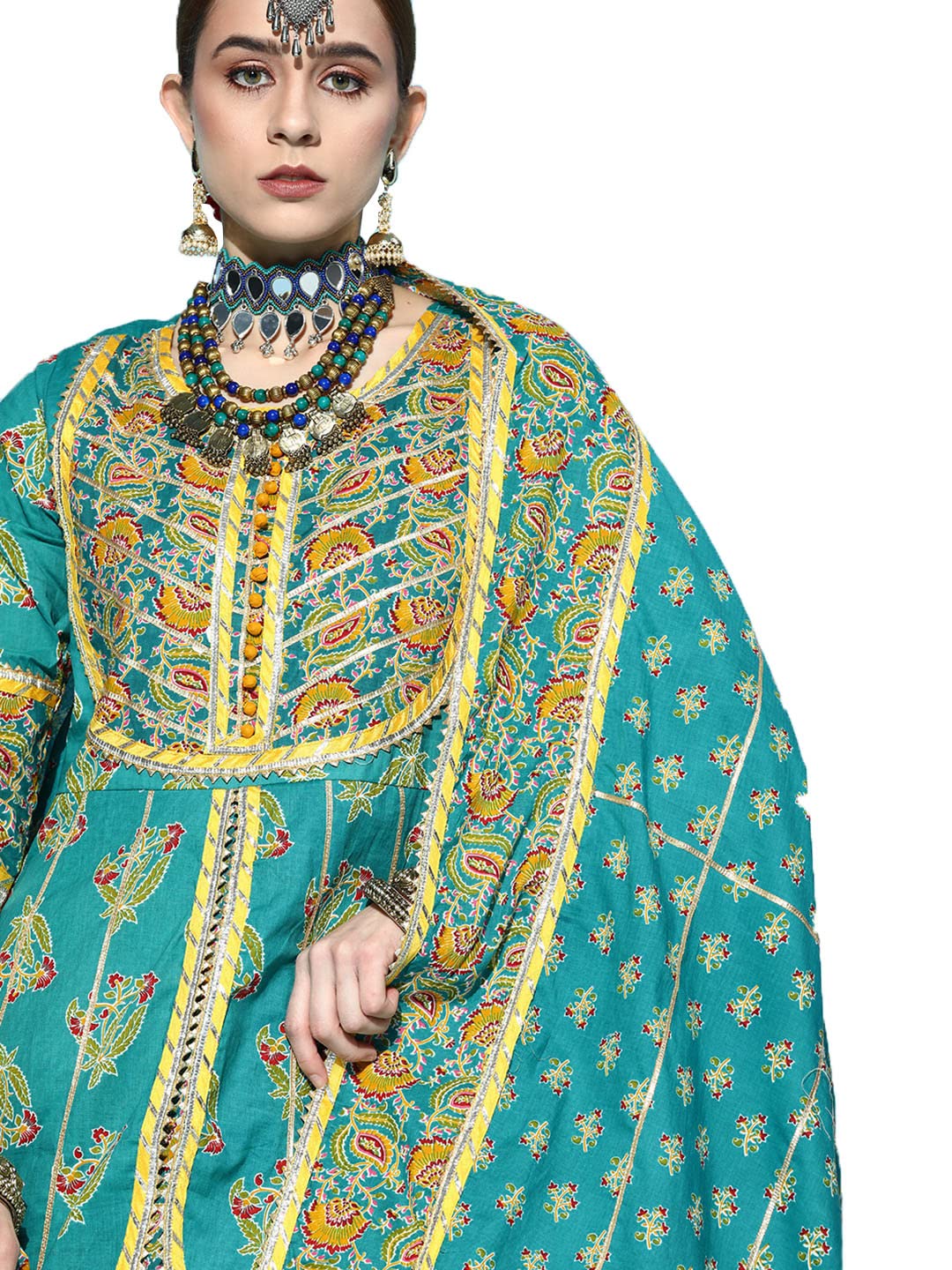 ishin Women's Cotton Embroidered A-Line Layered Kurta With Sharara & Dupatta