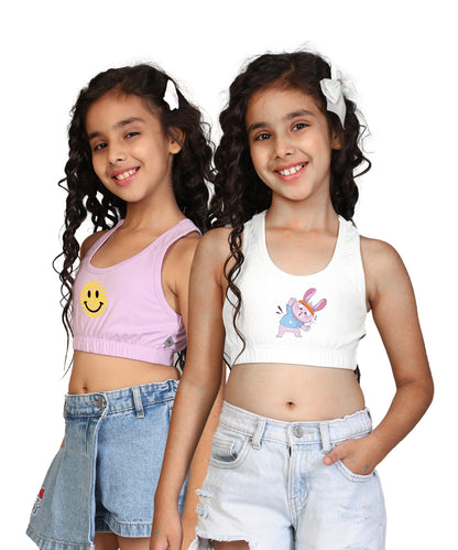 Kyda Kids Girls Antibacterial Cotton Printed Sports Bra Training Bras, Non Padded, Chest Double Layered Wireless Light Padded Br