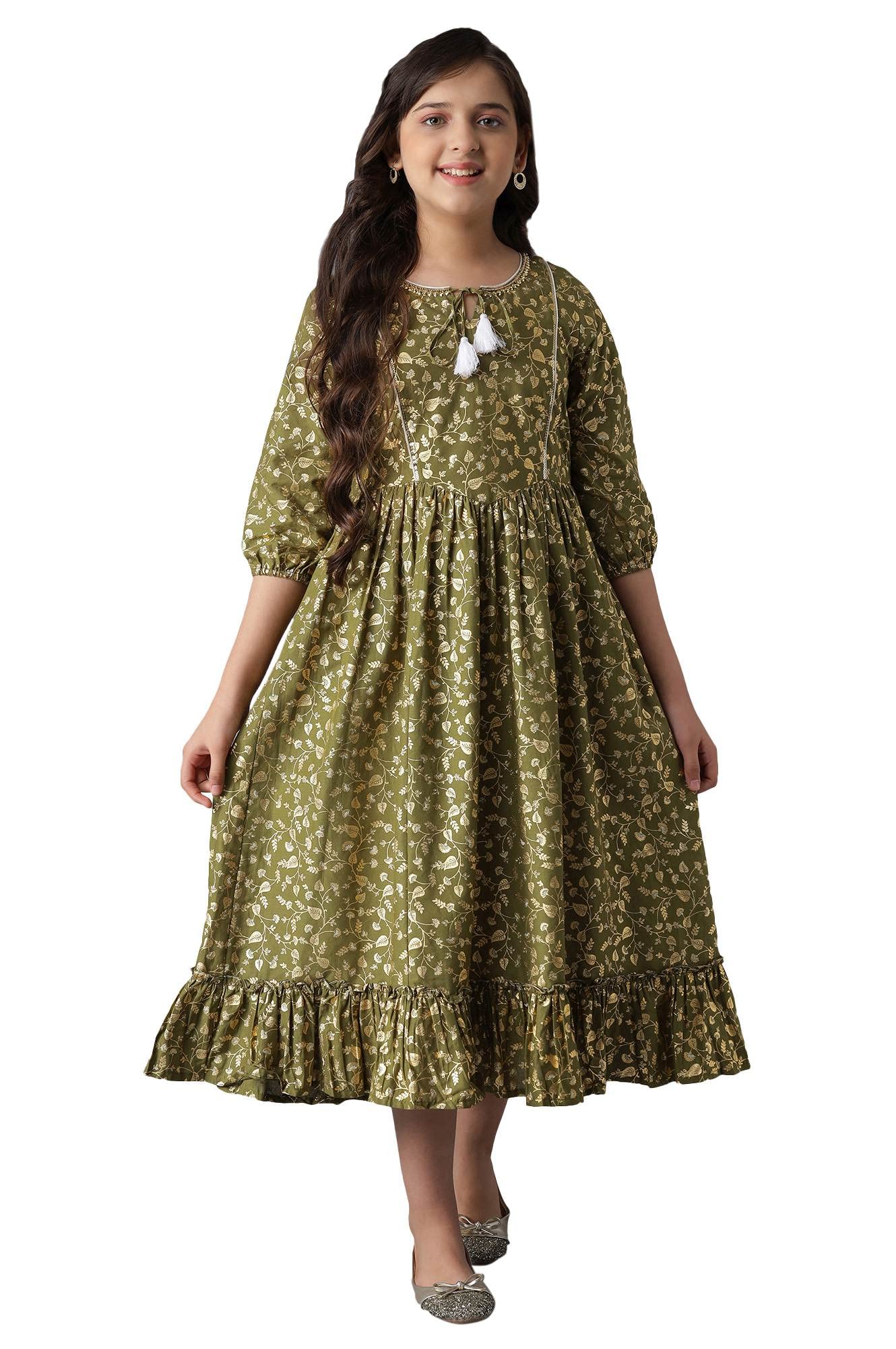 Aurelia Green Cotton Girls Dress Ankle Length Casual (22AUG10220B