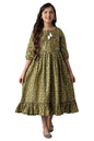 Aurelia Green Cotton Girls Dress Ankle Length Casual (22AUG10220B