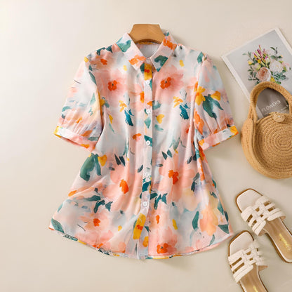 Gufrina WomenS Peach Floral Printed Button-Down Shirt With Collar Neck And Half Sleeves | Lightweight Relaxed Fit Shirt For Cas