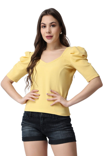 POPWINGS Casual Lime Yellow Top for Women || Cute Puff Half Sleeves Women Top for Summer || V-Neck Top for Women || Stylish Late