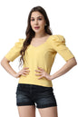 POPWINGS Casual Lime Yellow Top for Women || Cute Puff Half Sleeves Women Top for Summer || V-Neck Top for Women || Stylish Late