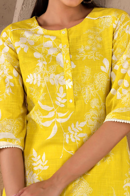 W WomenS Light Yellow Floral Printed Cotton Kurta Dupatta Bottomwear With Lace