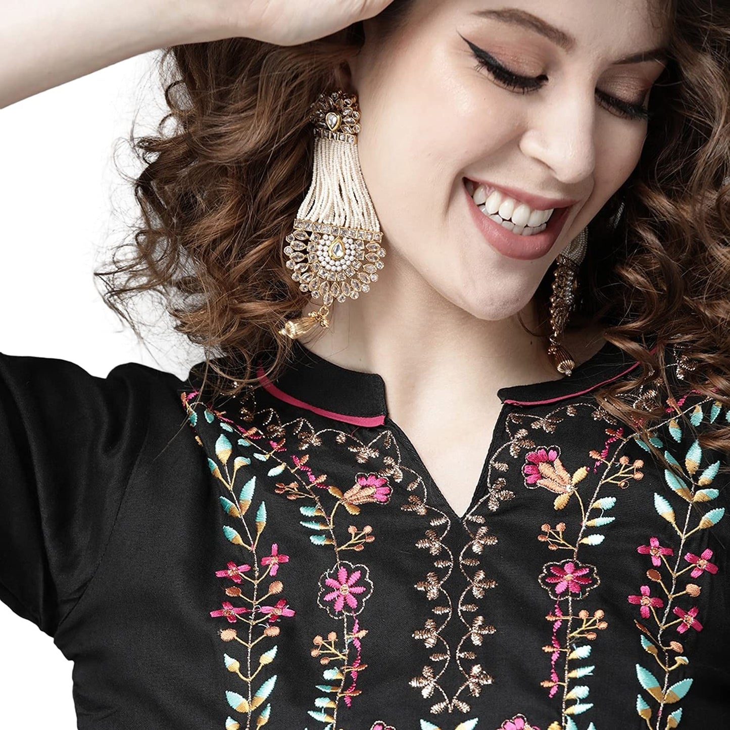 ishin Women's Viscose Rayon Black Embroidered & Thread Work A-Line Kurta Suit Set with Dupatta & Sharara