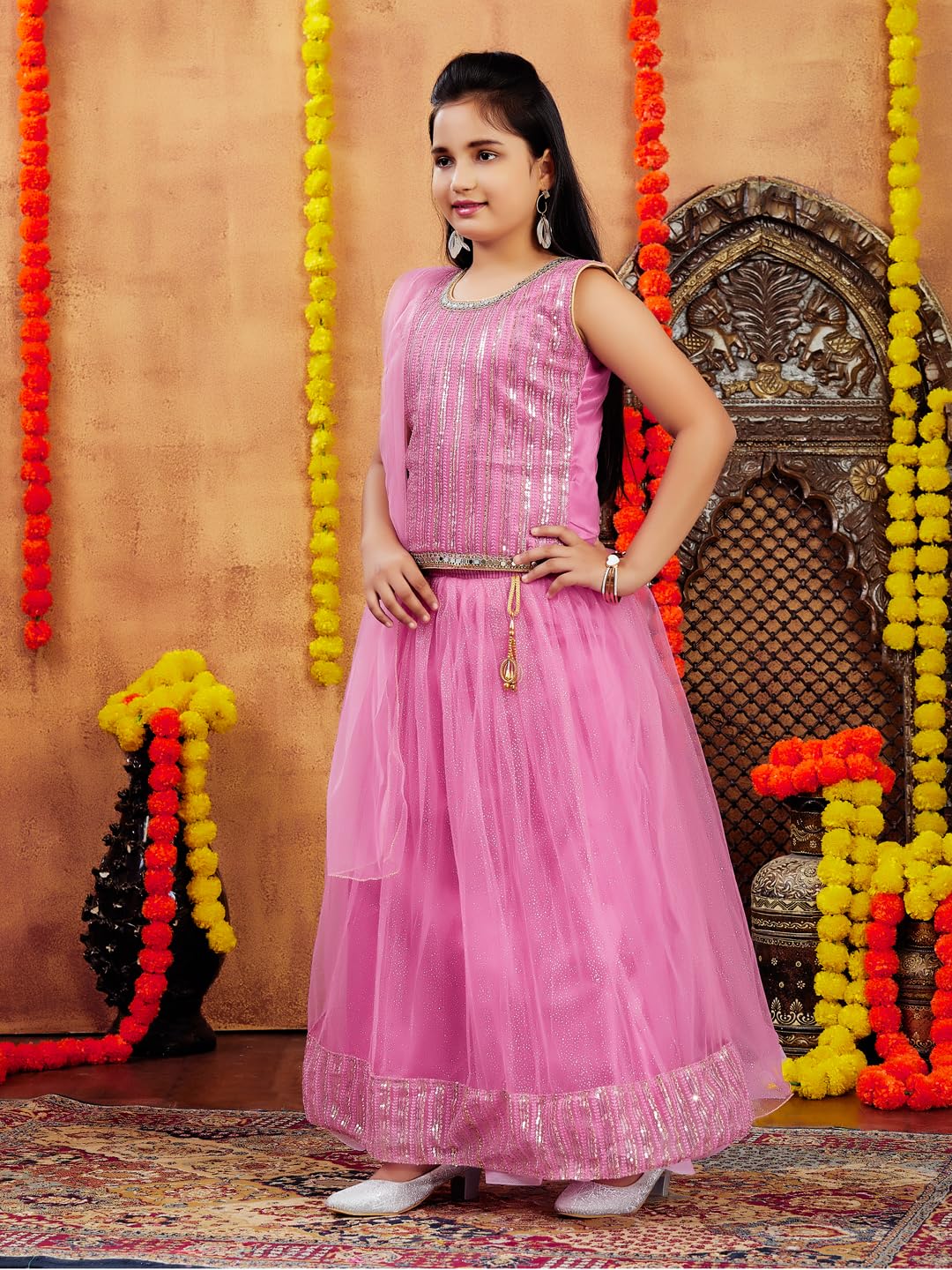 Aarika Girls Ethnic Wear Pink Colour Sequin Embroidery Net Lehenga Choli Set (4-10 Years)