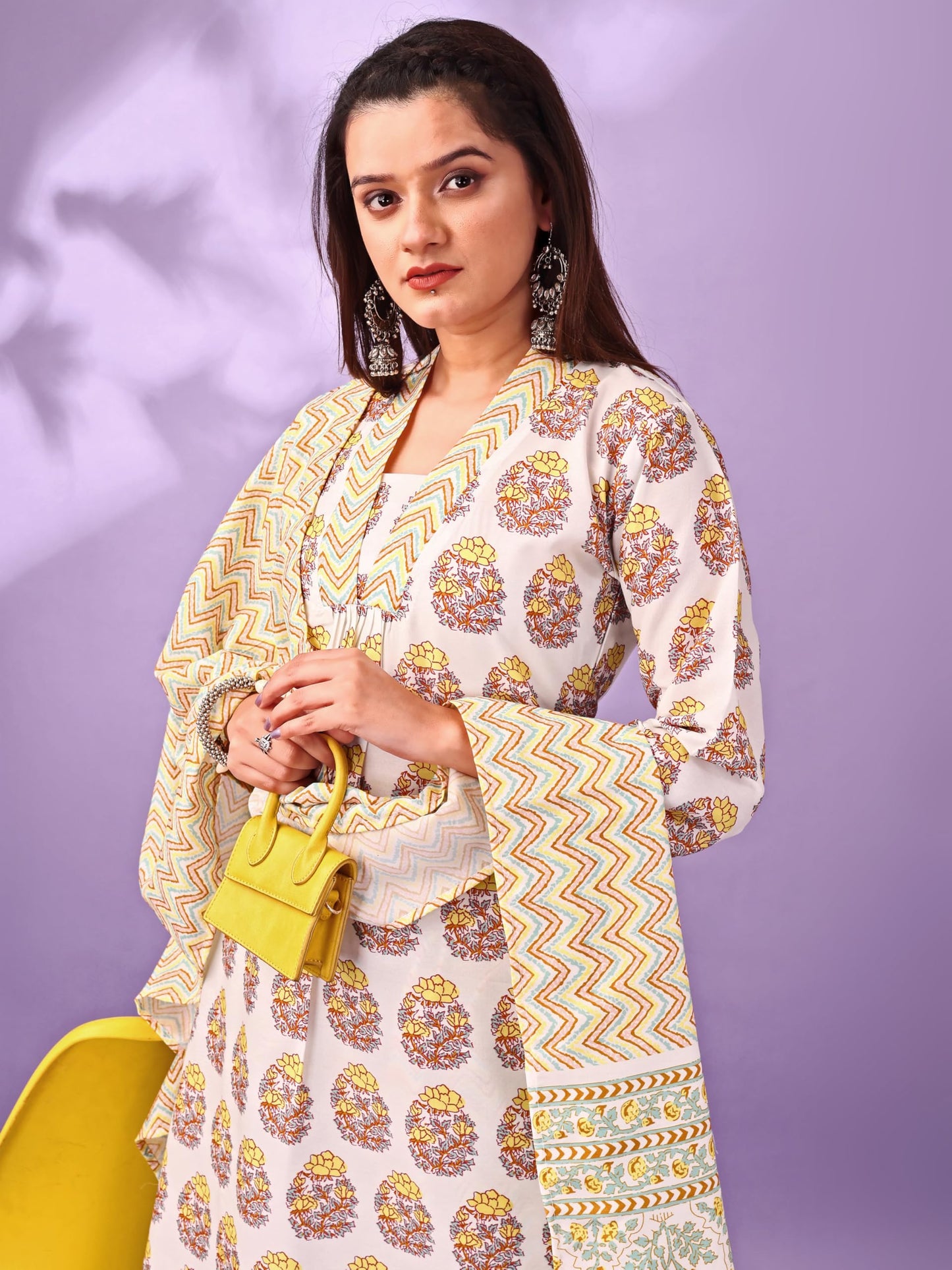 Gufrina Women's Printed Cotton Kurta Pant Dupatta Set | V-Neck, 3/4 Sleeve Ethnic Wear, Casual & Festive Occasions