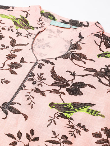 idaLia Grey Print Kurta with Baby Pink Printed Cotton Palazzo Pants