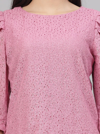Style Quotient Women Pink Self Design Floral Lace Regular Smart Casual Top