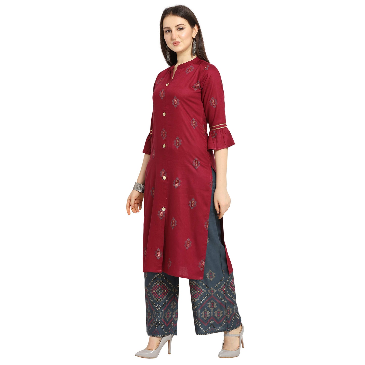 OOMPH! Straight Cotton Kurti Palazzo Set for Women
