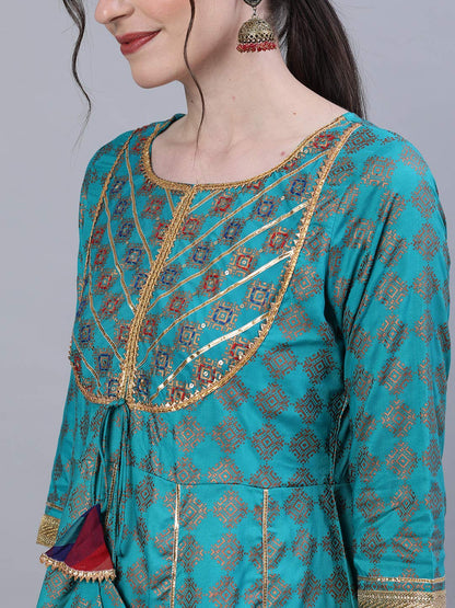 ishin Women's Viscose Rayon Embroidered Gotta Patti Blue Checked Print A-Line Kurta suit set With Dupatta & Sharara