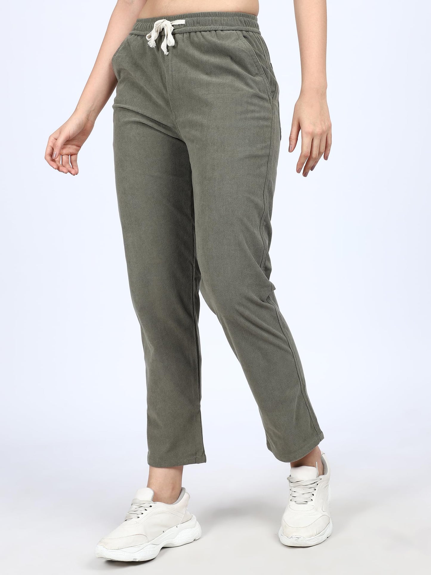 Shasmi Womens Olive Front Tie Loose Fit Corduroy Baggy Long Slacks Chino Pants with Slant Pocket Simple Casual Trousers, Going