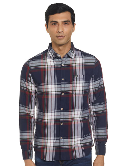 The Indian Garage Co Men Navy Checkered Slim Fit Cotton Casual Shirt