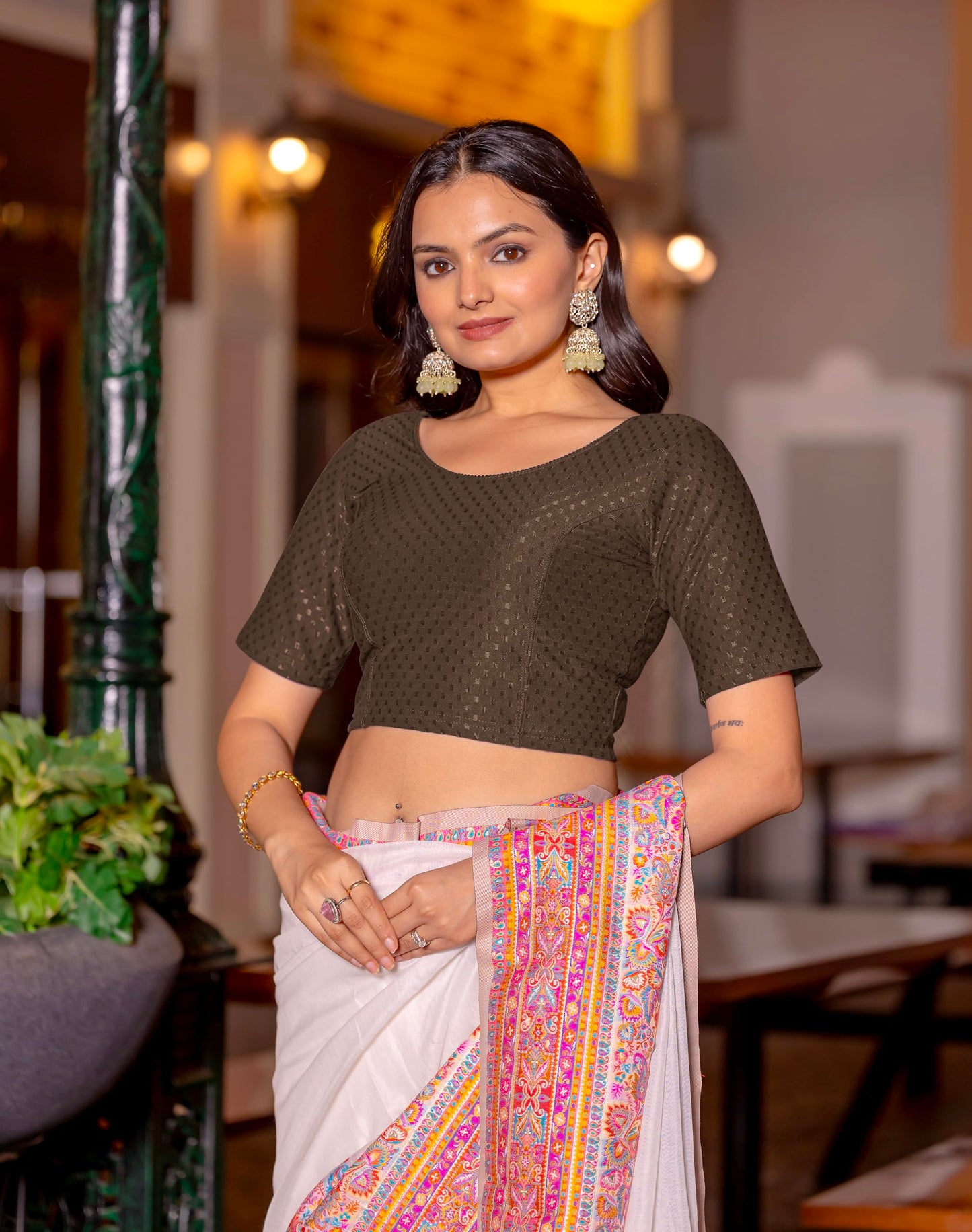 Jaanvi Fashion Round Neck Elbow Sleeve Cotton Lycra Blouse - X-Large, Coffee, Stylish Design