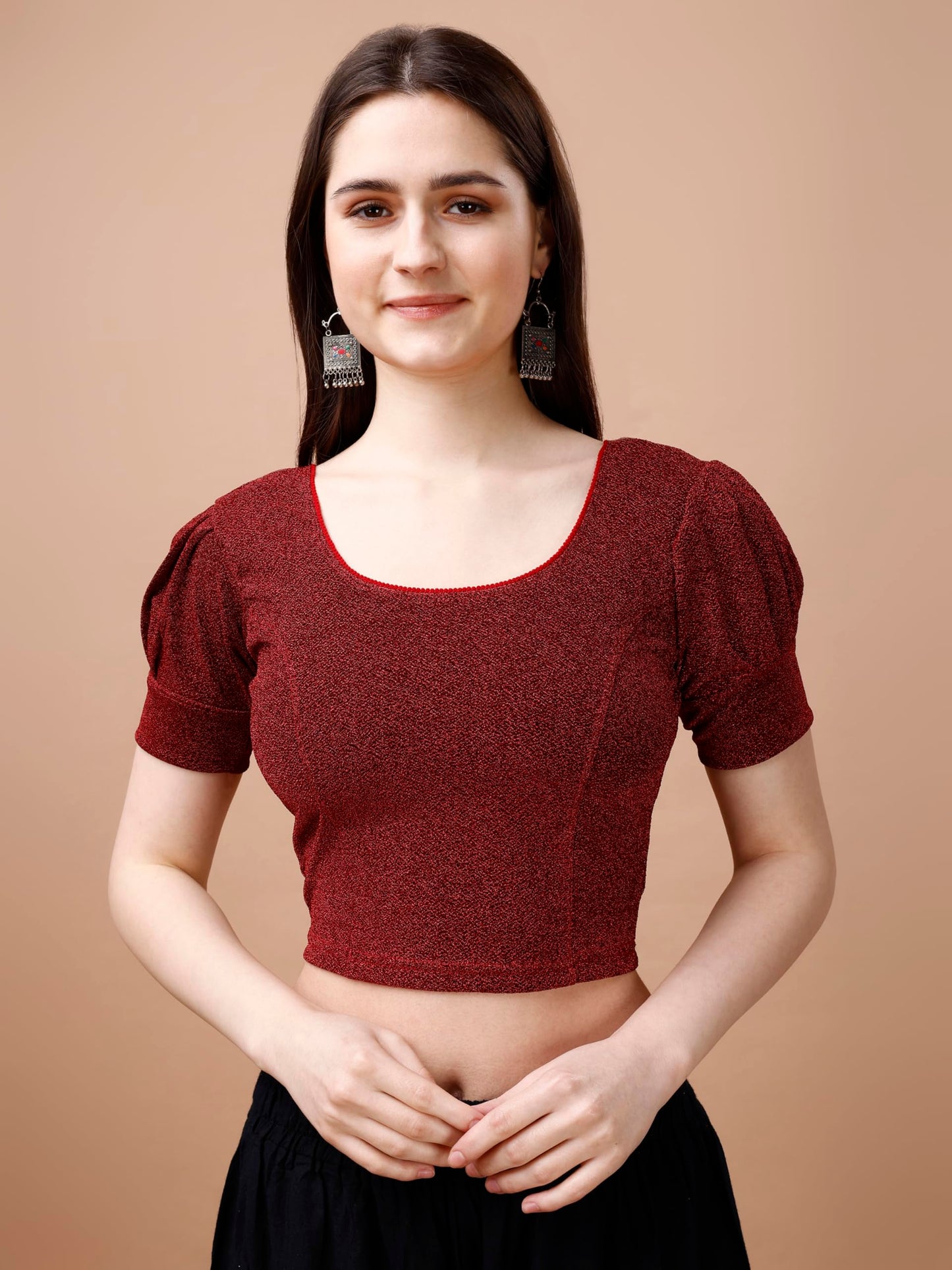 Pujia Mills Womens Readymade Shining Lycra Stretchable Round Neck Half Puff Sleeve Blouses Lycra Stretchable red Color Blouse f