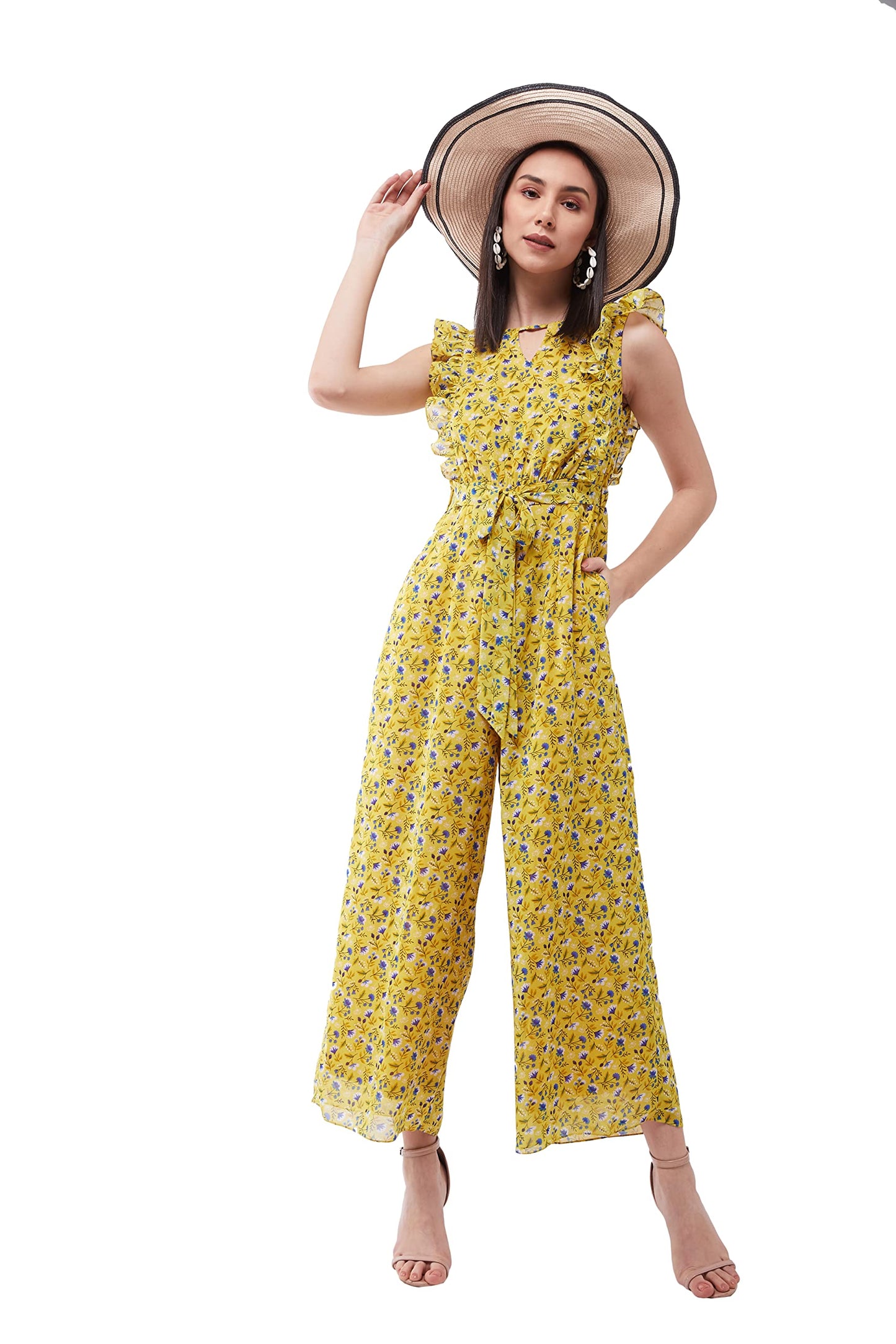 Miss Chase WomenS Multicolored- Base- Yellow Round Neck Sleeveless Floral Wide Leg Regular Jumpsuit (Mcaw21D04-90-224-06,Multic