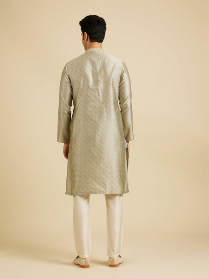 Manyavar MenS Art Silk Intricate Prints & Neck Detailing Kurta Pyjama Set (Green,L)