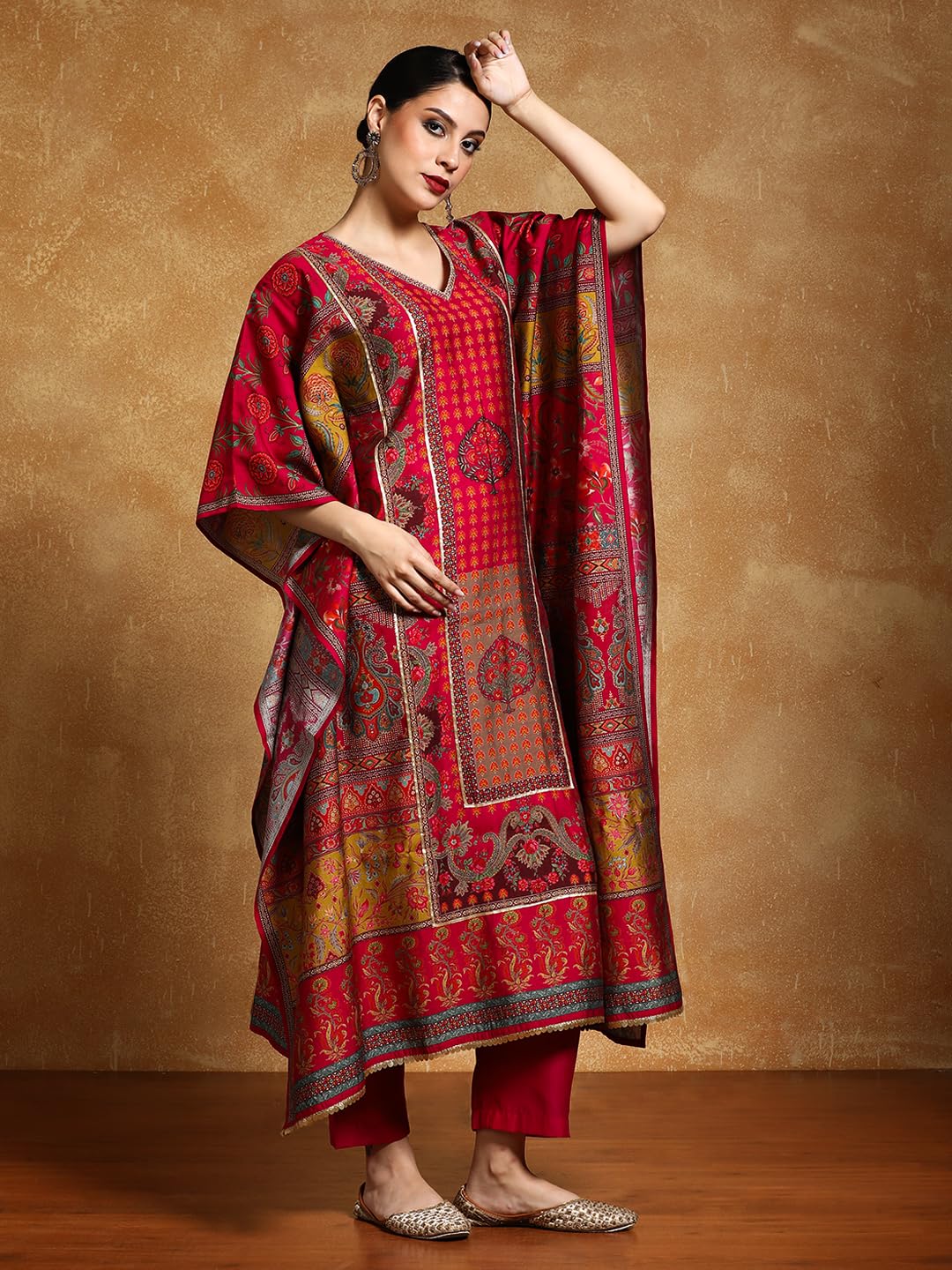 Varanga Gota Detailed Ethnic Floral Printed Kaftan & Trouser-Karva Chauth Special