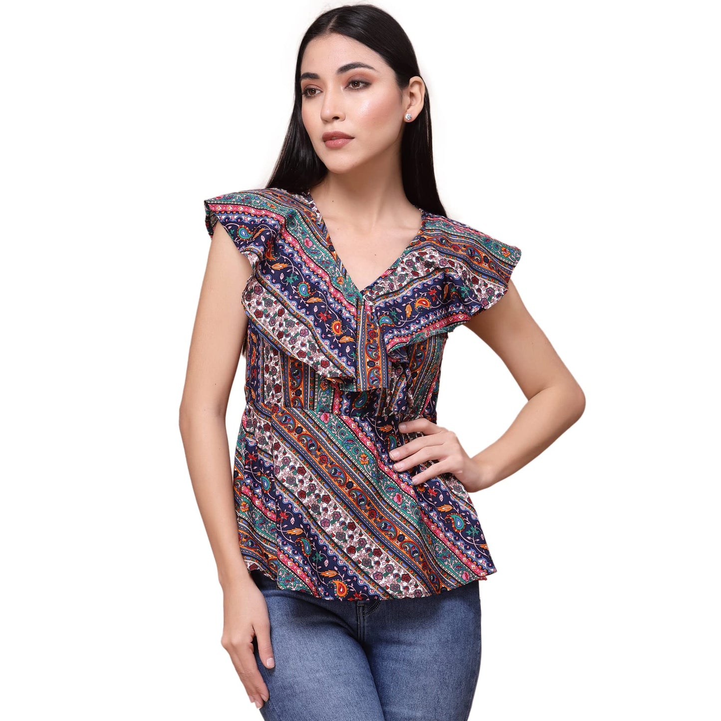 OOMPH! Womens Crepe Printed top with V-Neck and Ruffle Sleeve