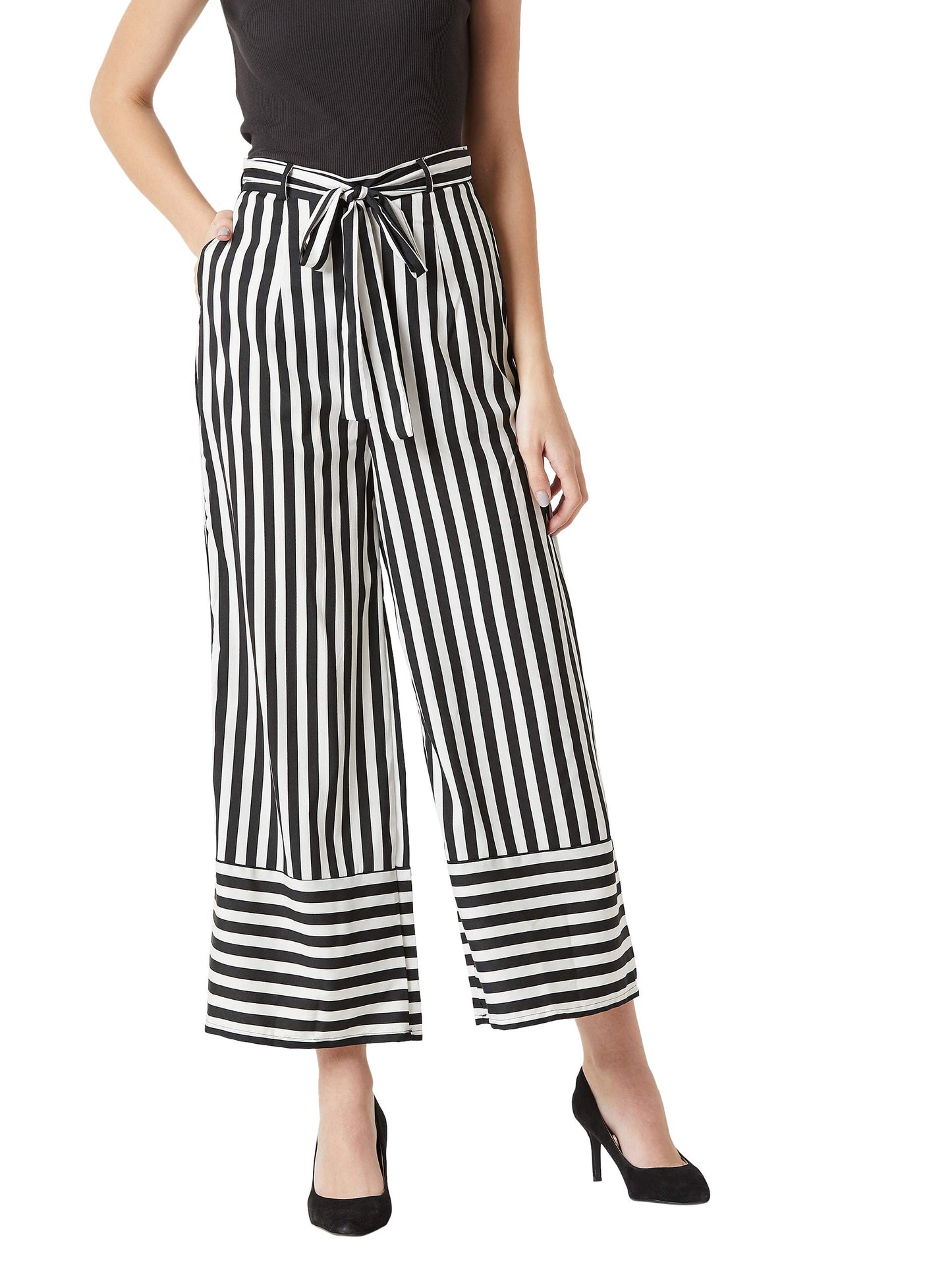 Miss Chase WomenS Black & White Striped Wide Leg Trouser Pants(Mcss19Bt11-03-98-02,Black & White,X-Small)