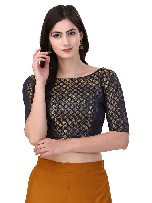 Oomph! WomenS Indian Ethnic Wear Designer Square Leaf Pattern Boat Neck Half Sleeve Brocade Midnight Blue Blouse For Saree Or L