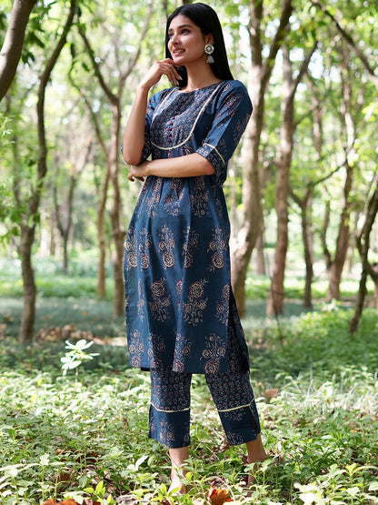 Libas Womens Printed Cotton Straight Kurta With Trousers