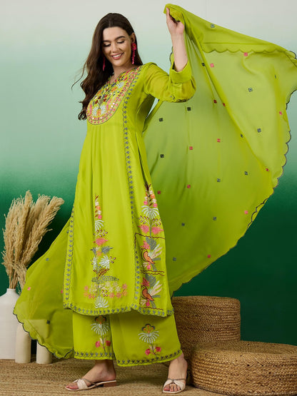Serona Fabrics WomenS Faux Georgette Thread Embroidered Work Kurta With Palazzos & Dupatta