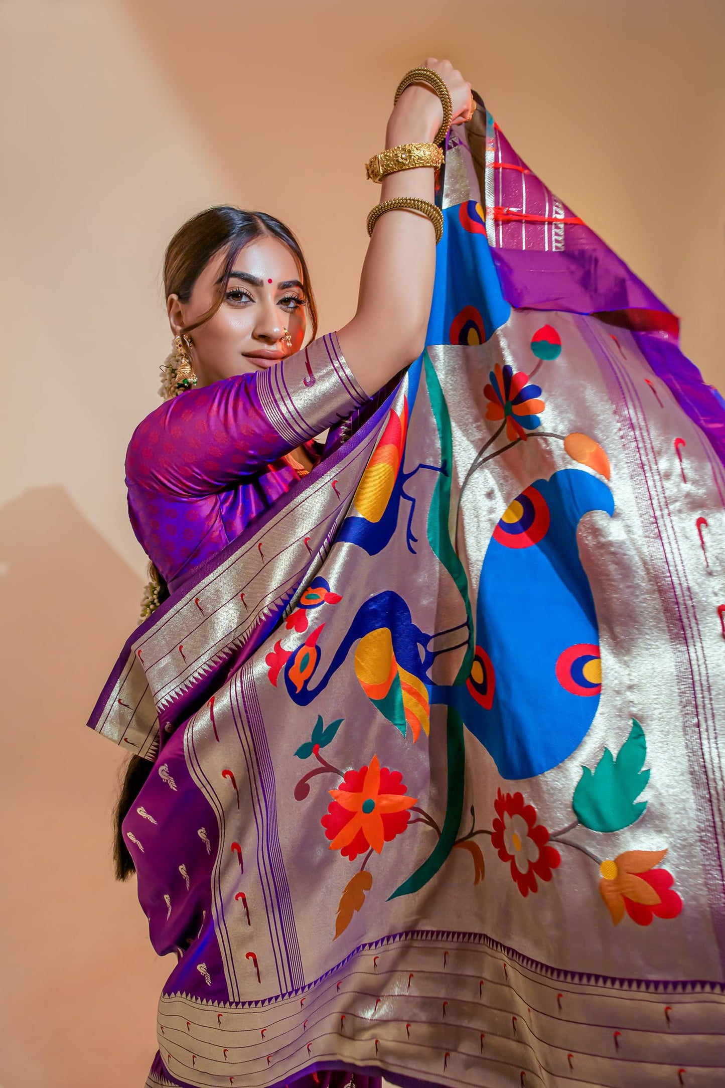 Pujia Mills Woman Pure Banarasi Silk Paithani Saree Indian Ethnic Wear Kanjivaram Saree With Heavy Golden Zari Woven Border With