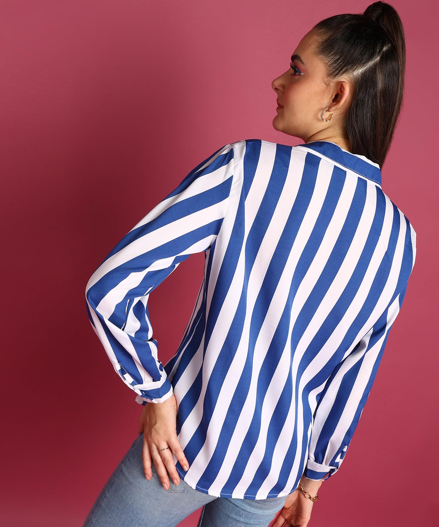 POPWINGS Stripe Printed Crepe Shirt for Women Stylish Western Casual Regular Fit Full Sleeves Shirts for Women
