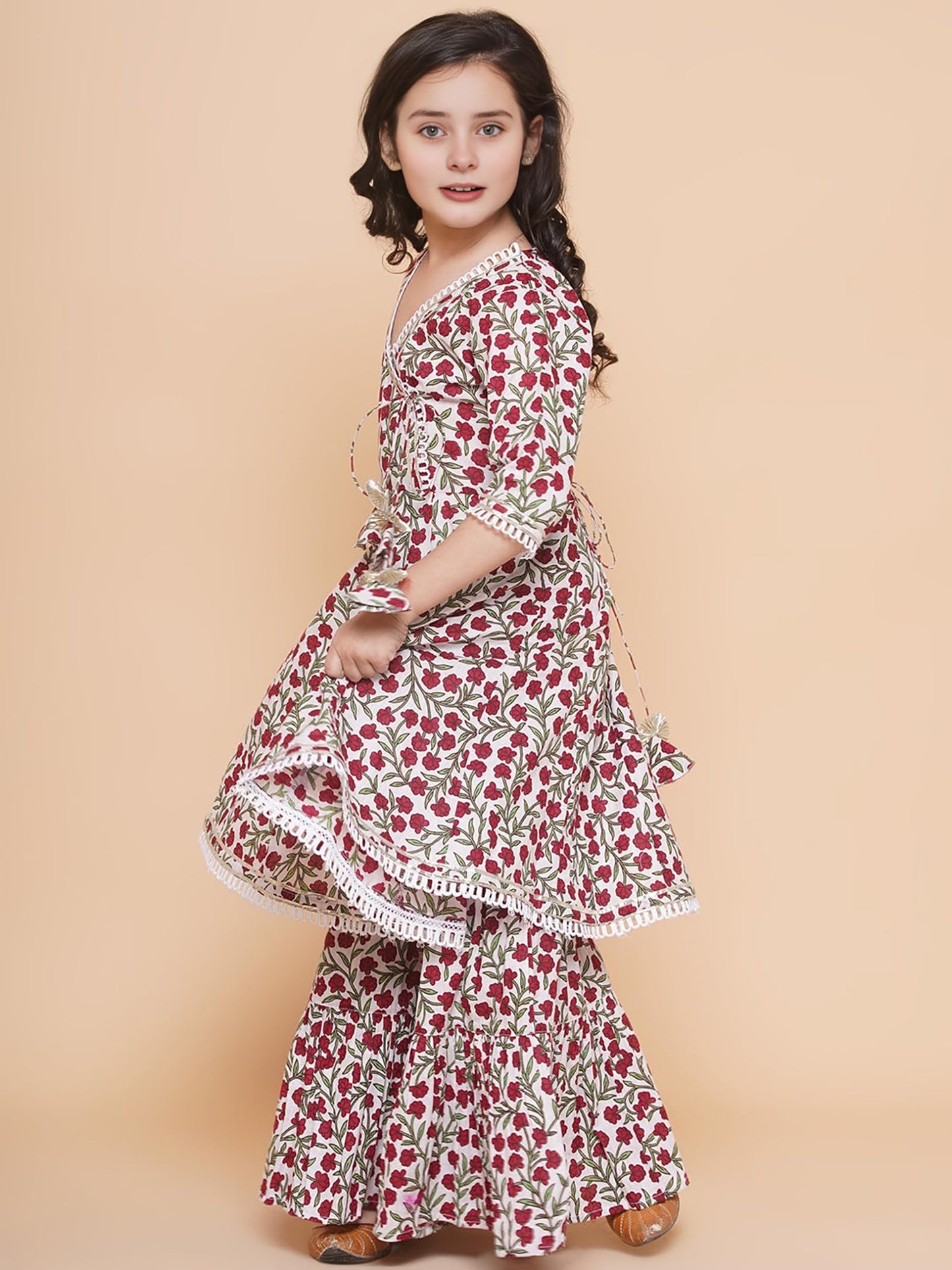 Naixa Girls Brown Rayon V Neck 3/4 Sleeve Flared-Fit Printed Kurta And Sharara With Dupatta Set | Traditional Printed Salwar Sui