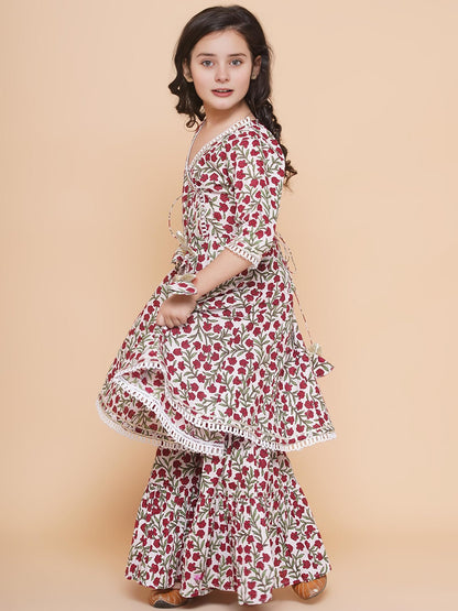 Naixa Girls Brown Rayon V Neck 3/4 Sleeve Flared-Fit Printed Kurta And Sharara With Dupatta Set | Traditional Printed Salwar Sui
