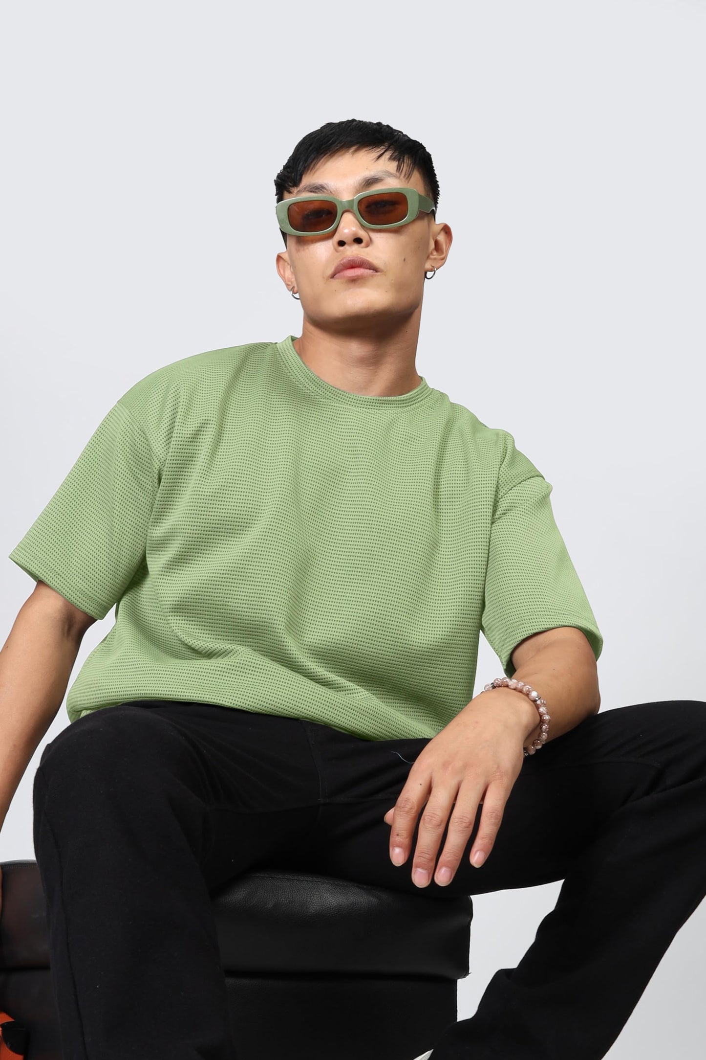 SHODOX Mens Solid Dotted Unique Design Oversized Tshirt for Men - Round Neck Loose Fit Drop Shoulder Mens T-Shirt Green