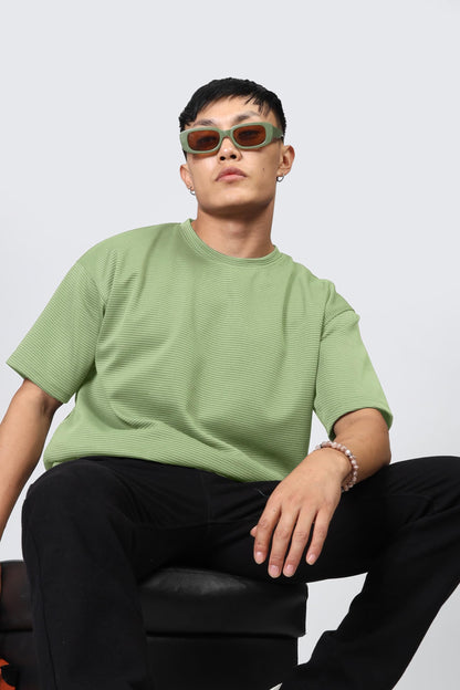 SHODOX Mens Solid Dotted Unique Design Oversized Tshirt for Men - Round Neck Loose Fit Drop Shoulder Mens T-Shirt Green