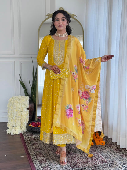 Naixa WomenS Yellow Vichitra Silk With Cotton Lining Embroidered Flared Kurta With Rayon Pant And Art Silk Printed Dupatta Sets