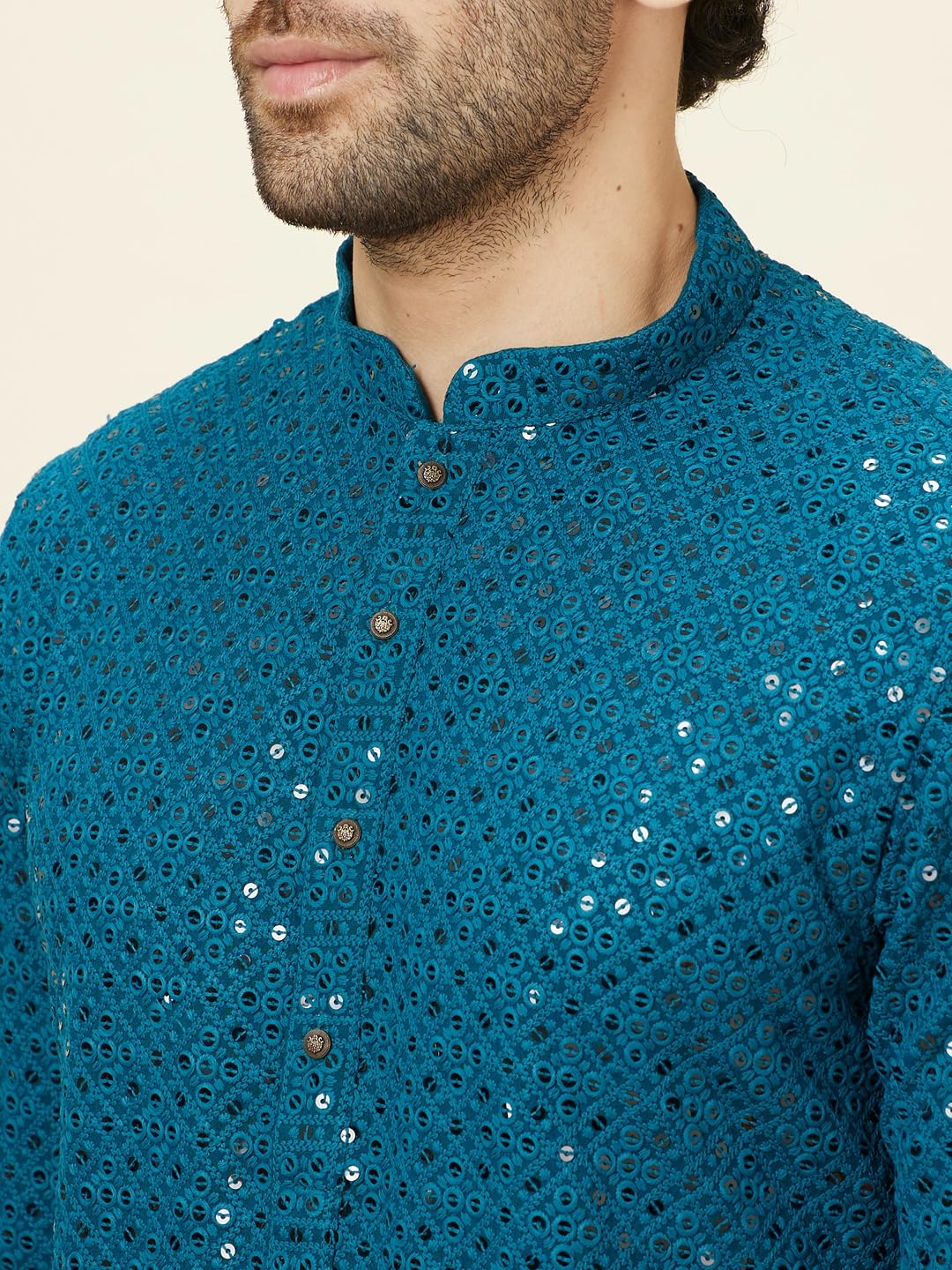 Manyavar Mens Blue Viscose Embroidered Kurta Pyjama Set