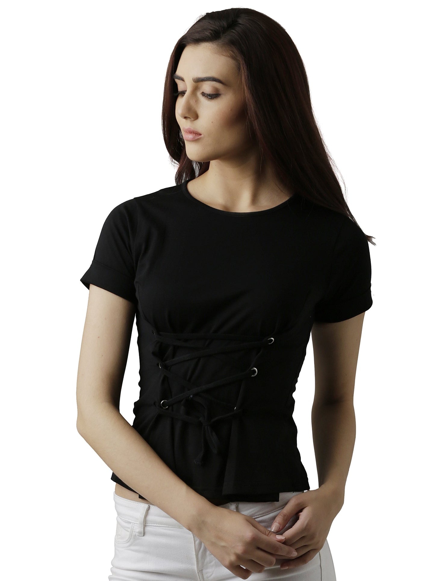 Miss Chase WomenS Black Criss Cross Tie-Up Top(Mcaw17Tp10-11-62-06_Black_X-Large)