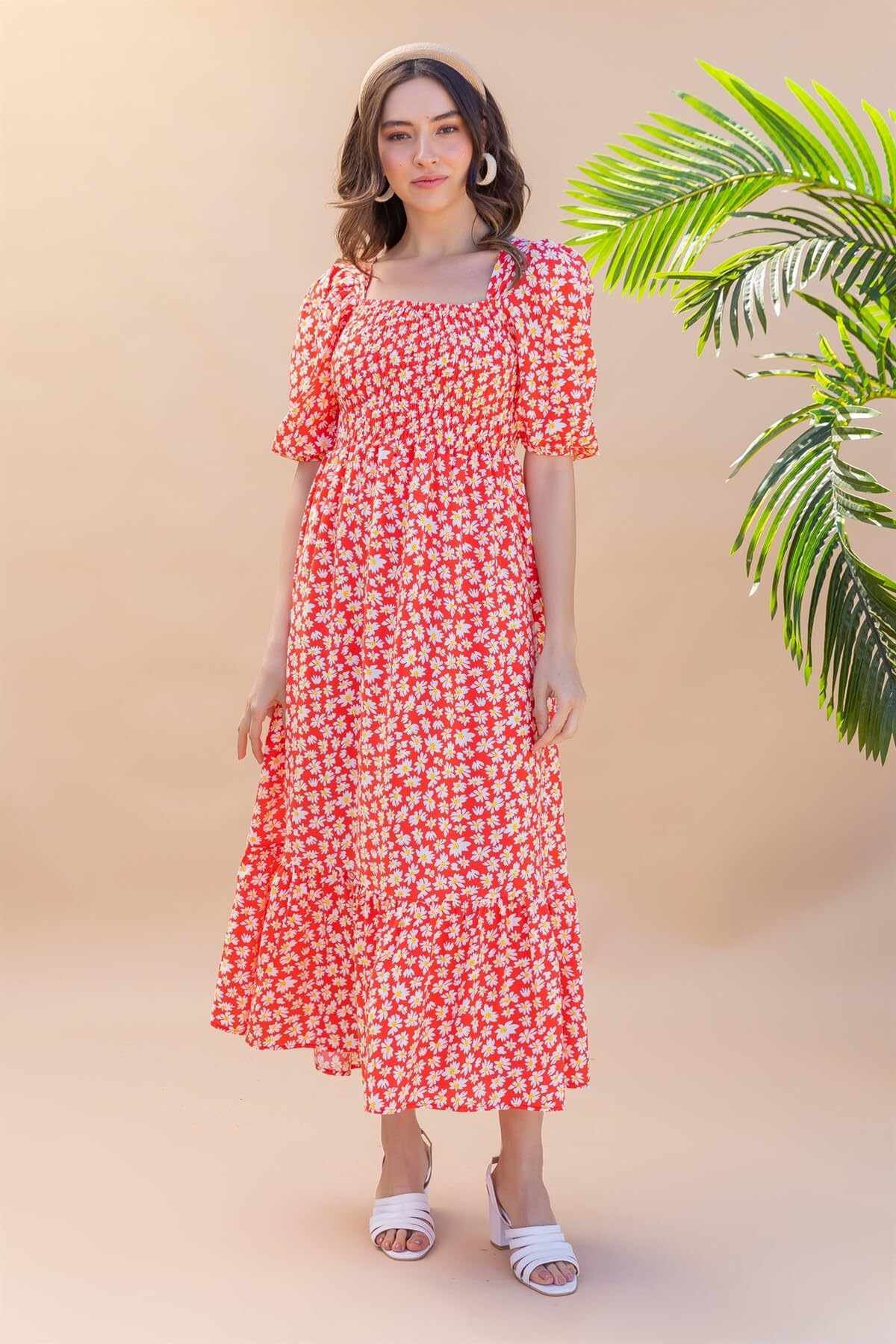 Sheetal Associates WomenS Casual Flower Print Puff Sleeves Maxi Dress - Pack Of 1 Red