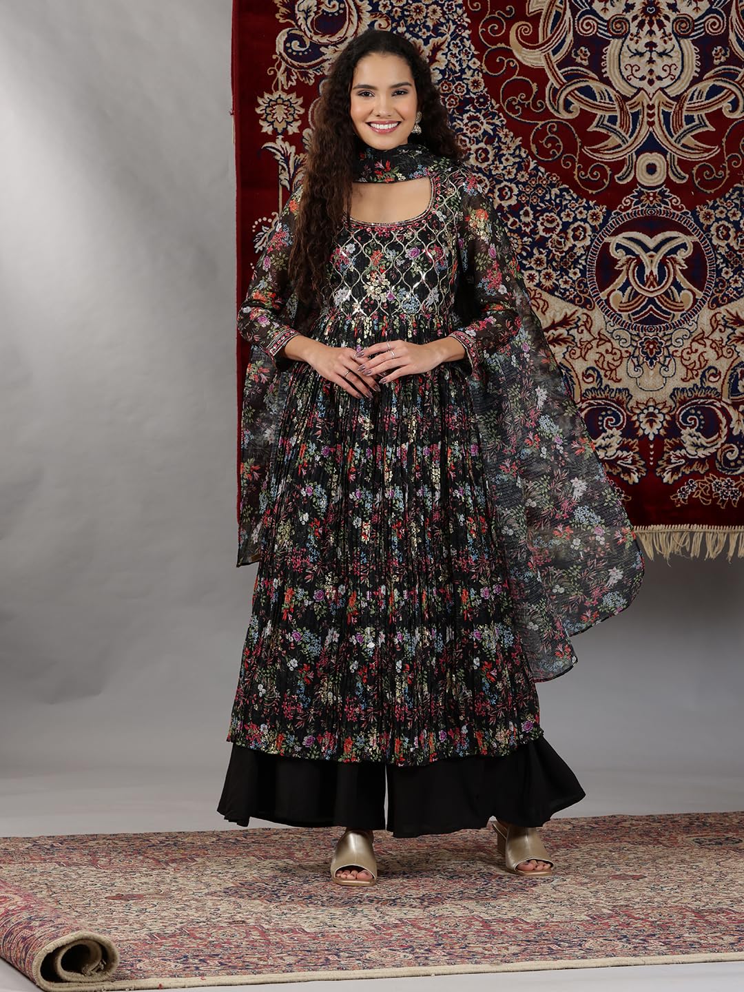 Aurelia WomenS Floral Printed Flared Kurta Set With Palazzos And Dupatta For Women