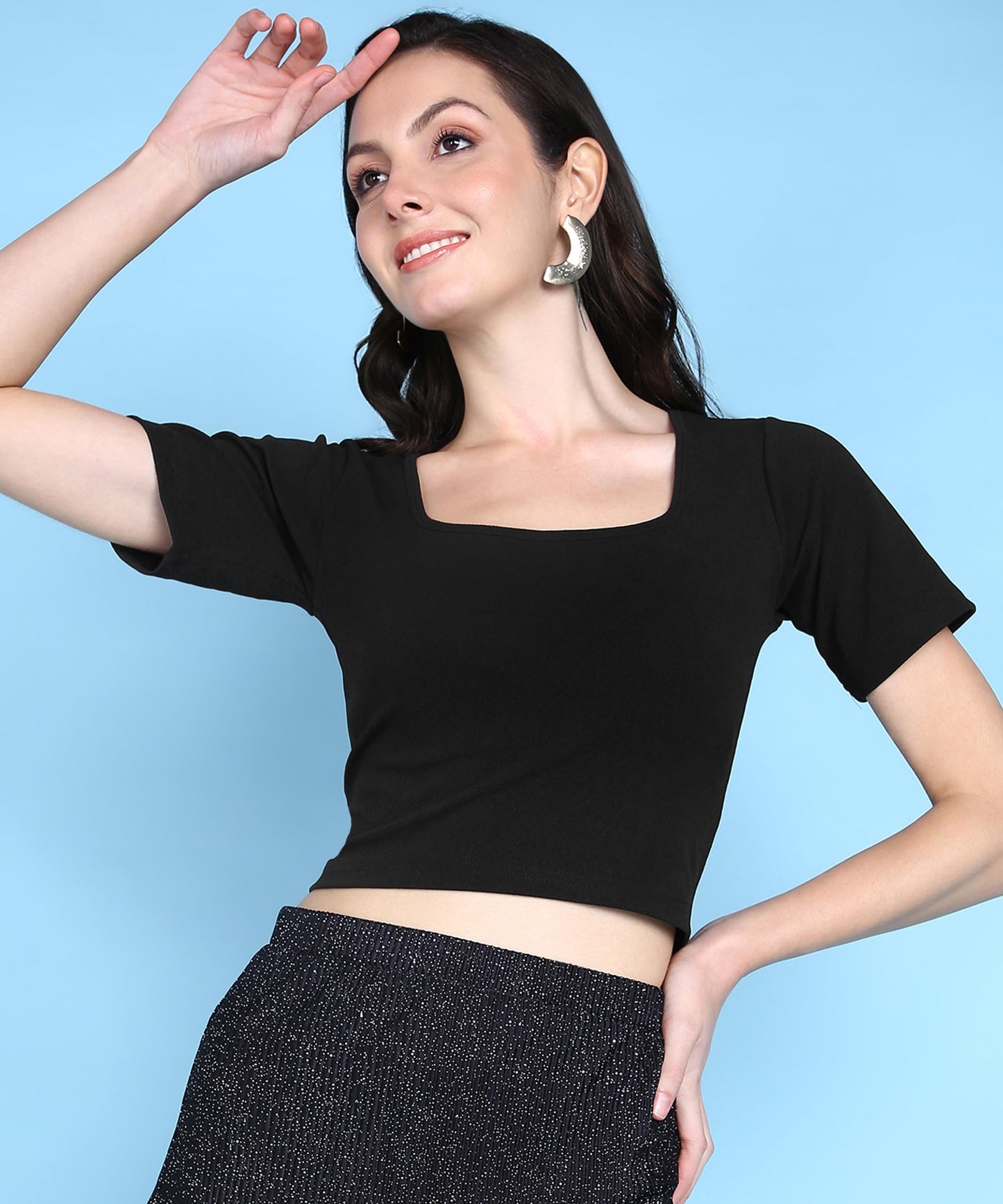POPWINGS Women Casual Black Solid Short Sleeve Self Design Crop Top